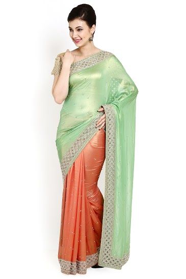 "Rent Green and Orange Saree with Gold & Silver Border for Pre-Wedding, Maternity & Festive Occasions – Bangalore & Hyderabad"