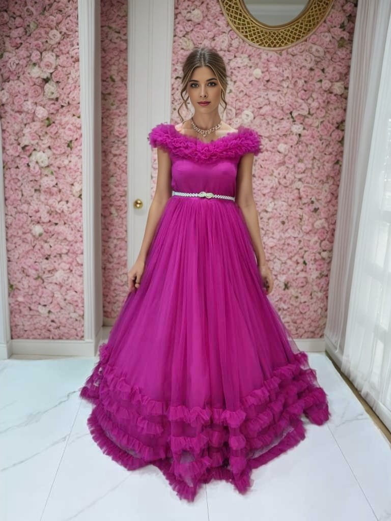 Fuschia Pink Ruffle Gown - The Dress Bank