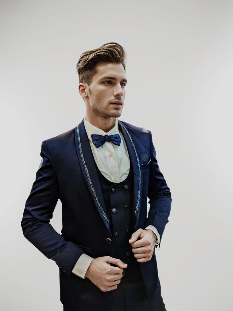 Rent Navy Blue Beaded Suit Set for Men – Designer Wedding & Event Wear in Bangalore & Hyderabad