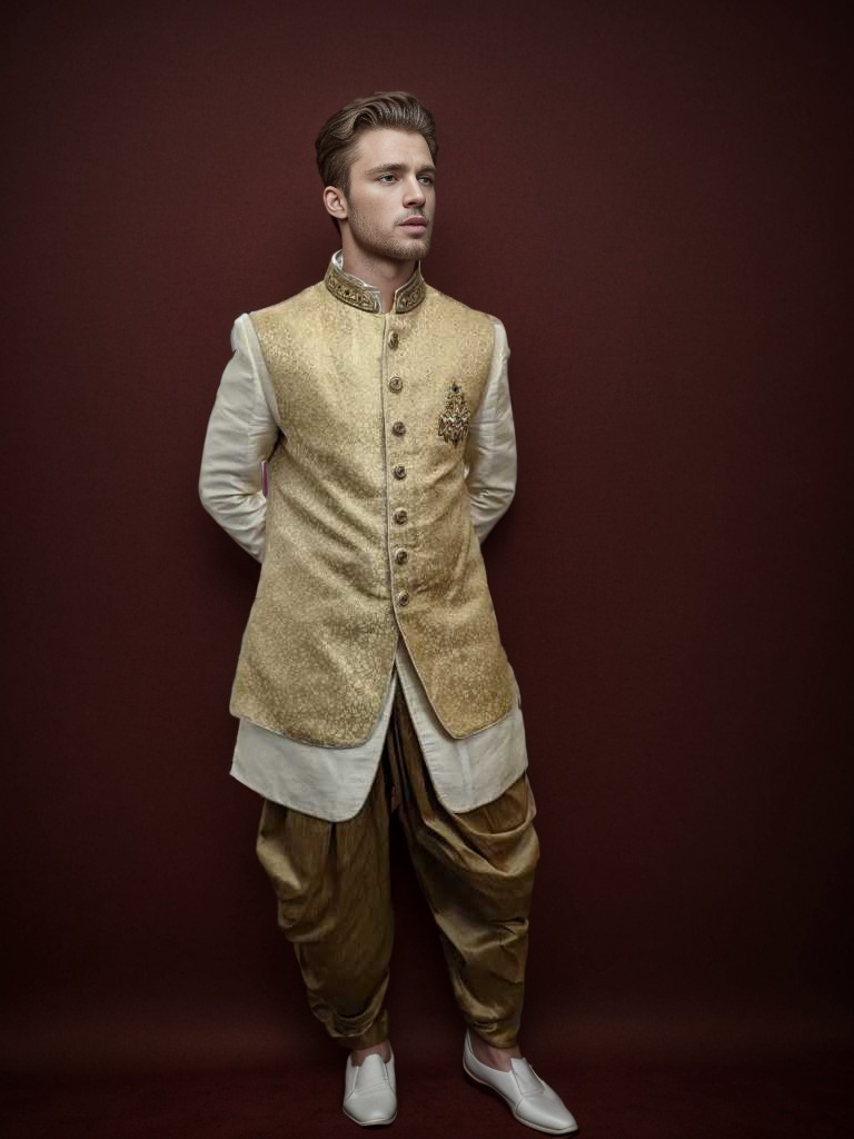 Rent Cream & Gold 3-Piece Sherwani Set for Men – Wedding & Festive Outfit in Bangalore & Hyderabad
