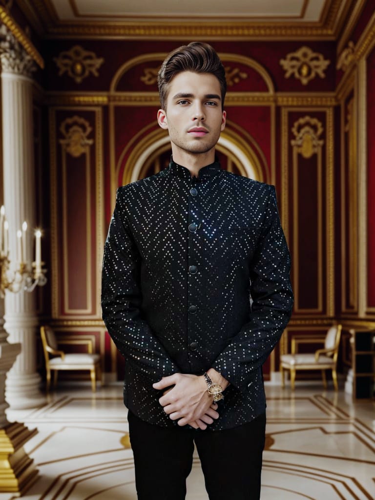 Rent Black & Silver Sequin Bandhgala Wedding Suit for Men – Stylish Occasion Wear in Bangalore & Hyderabad