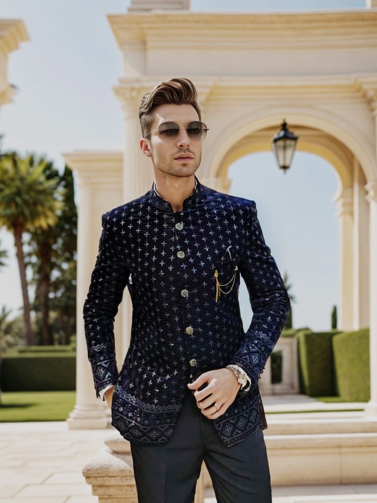 Rent Navy Blue Sequin Bandhgala Wedding Suit for Men – Occasion Wear in Bangalore & Hyderabad