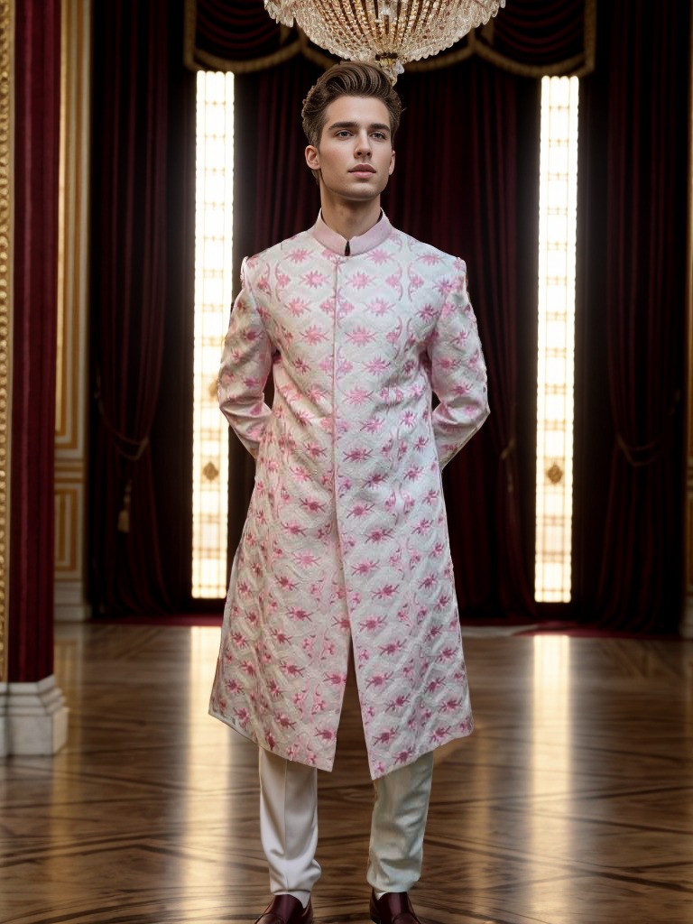 Rent Baby Pink Floral 2-Piece Sherwani Set for Men – Wedding & Event Wear in Bangalore & Hyderabad