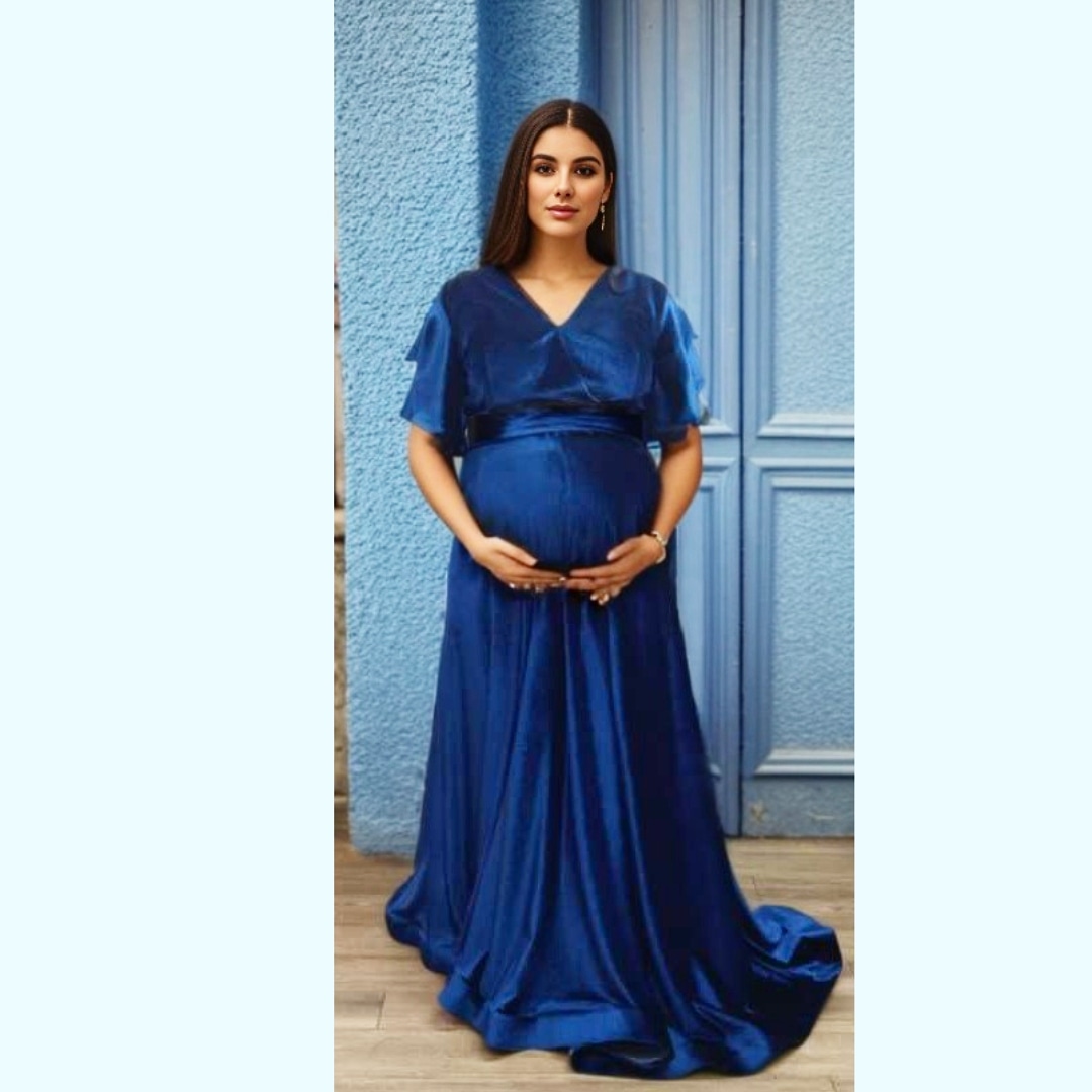 Navy Blue Velvet Gown on Rent in Bangalore & Hyderabad | Pre-Wedding & Maternity Outfit Rental
