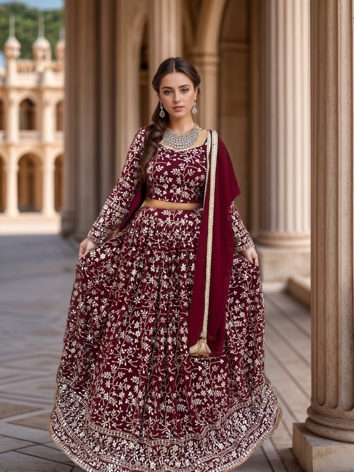 Silver Maroon Lehenga on Rent in Bangalore & Hyderabad | Pre-Wedding & Maternity Outfit Rental