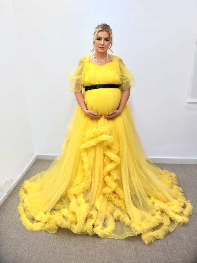 Yellow Ruffled Ball Gown Rental in Bangalore & Hyderabad | Pre-Wedding & Maternity Outfits