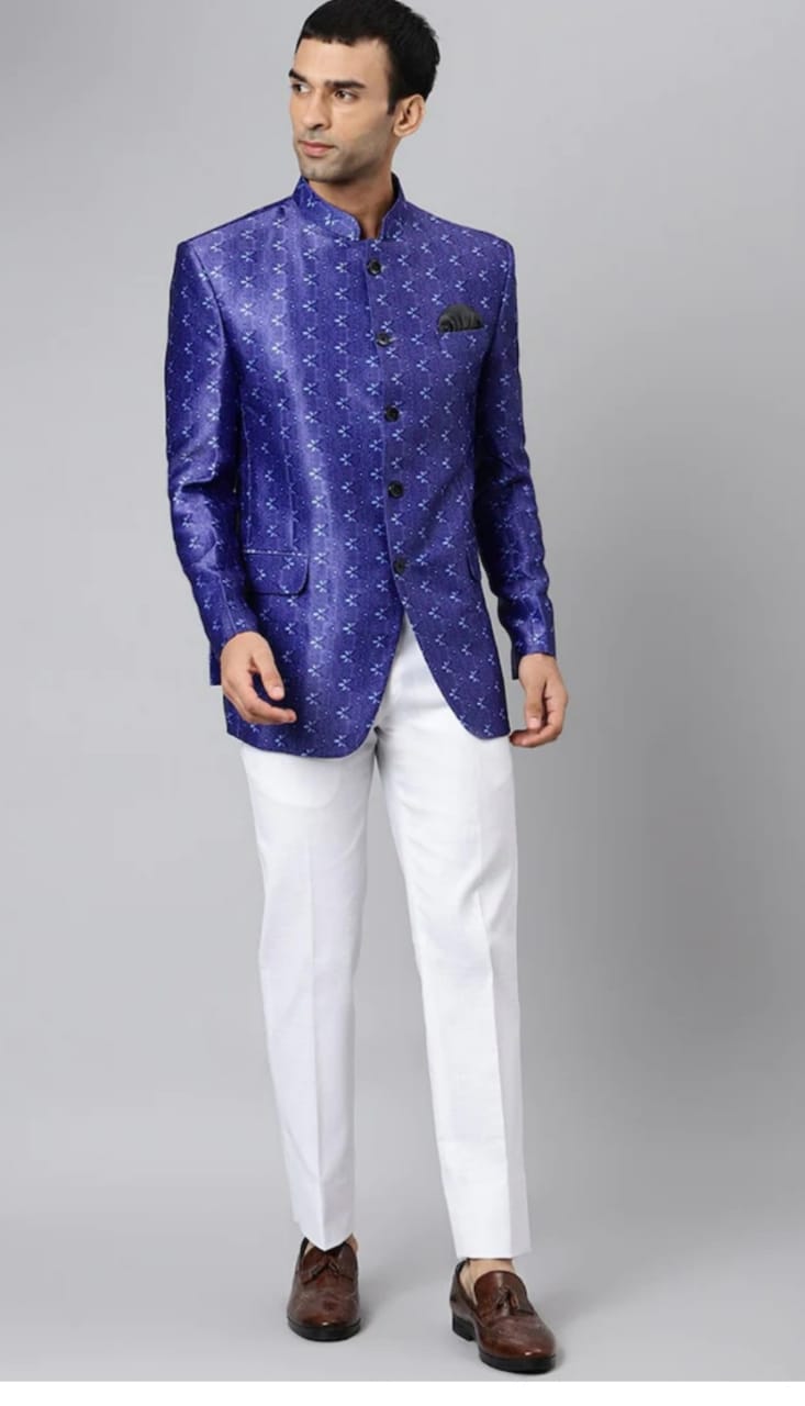 "Blue Floral Satin Bandhgala for Men – Rent Premium Ethnic Wear in Bangalore & Hyderabad"