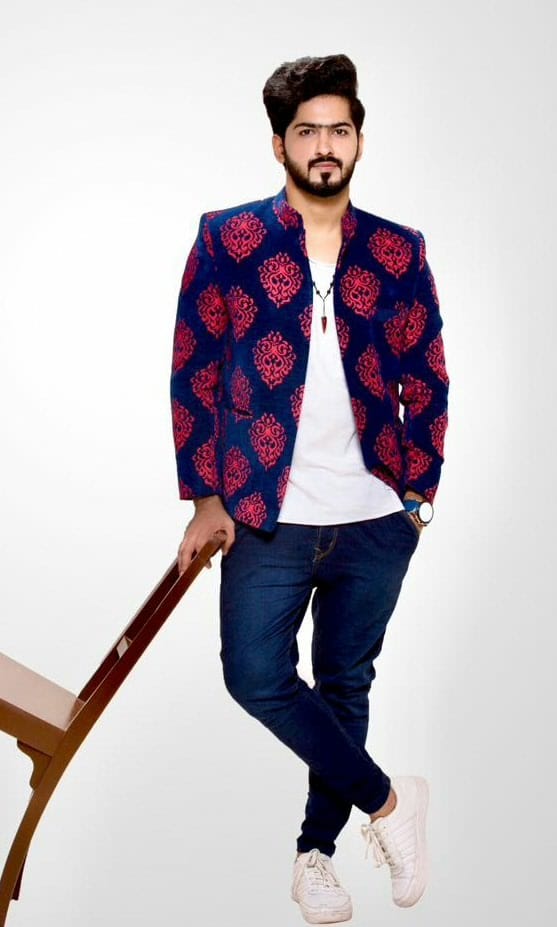 "Blue & Pink Floral Bandhgala for Men – Rent Designer Ethnic Wear in Bangalore & Hyderabad"