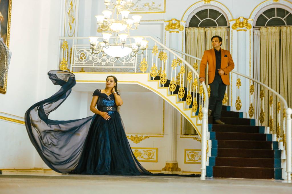 Navy Blue Winged Gown & Tan Velvet Blazer Couple Outfit – Rent in Bangalore & Hyderabad