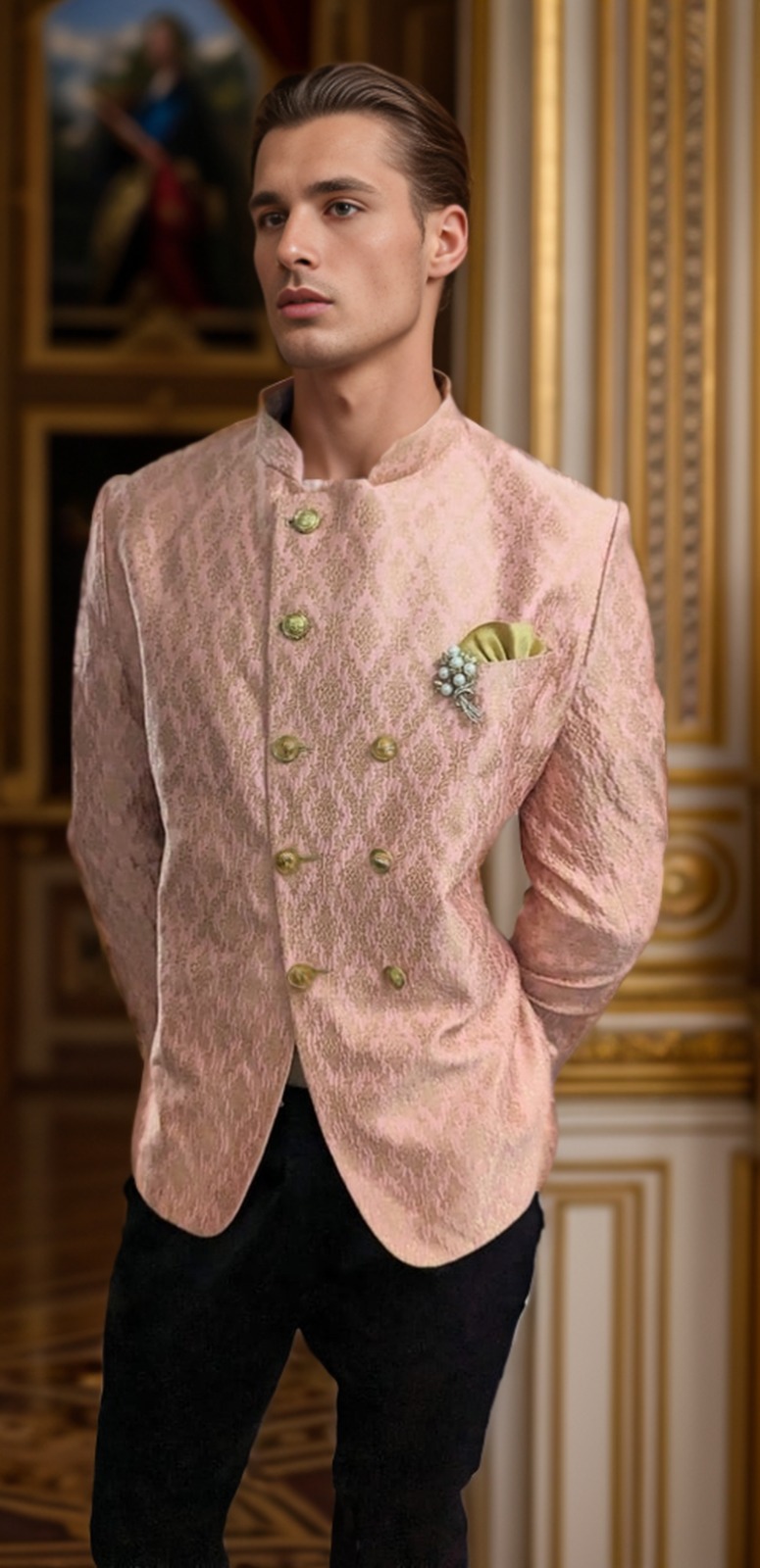 Baby Pink Floral Bandhgala with Black Trousers – Men’s Outfit for Rent in Bangalore & Hyderabad