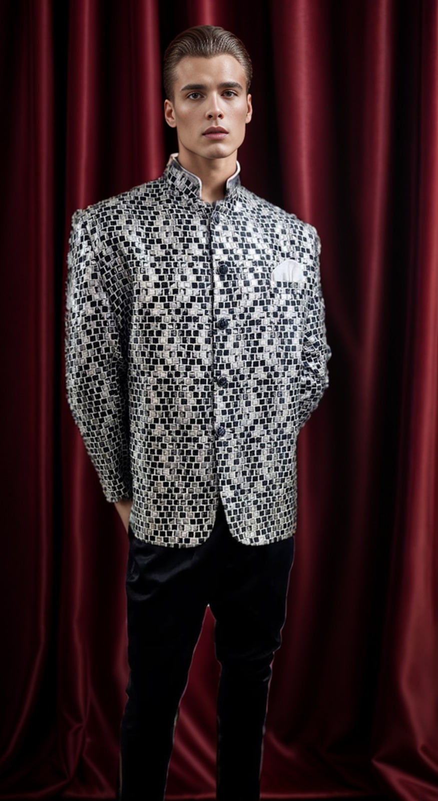 Black-Silver Bandhgala with Black Trousers – Rent Men’s Wedding & Formal Wear in Bangalore & Hyderabad