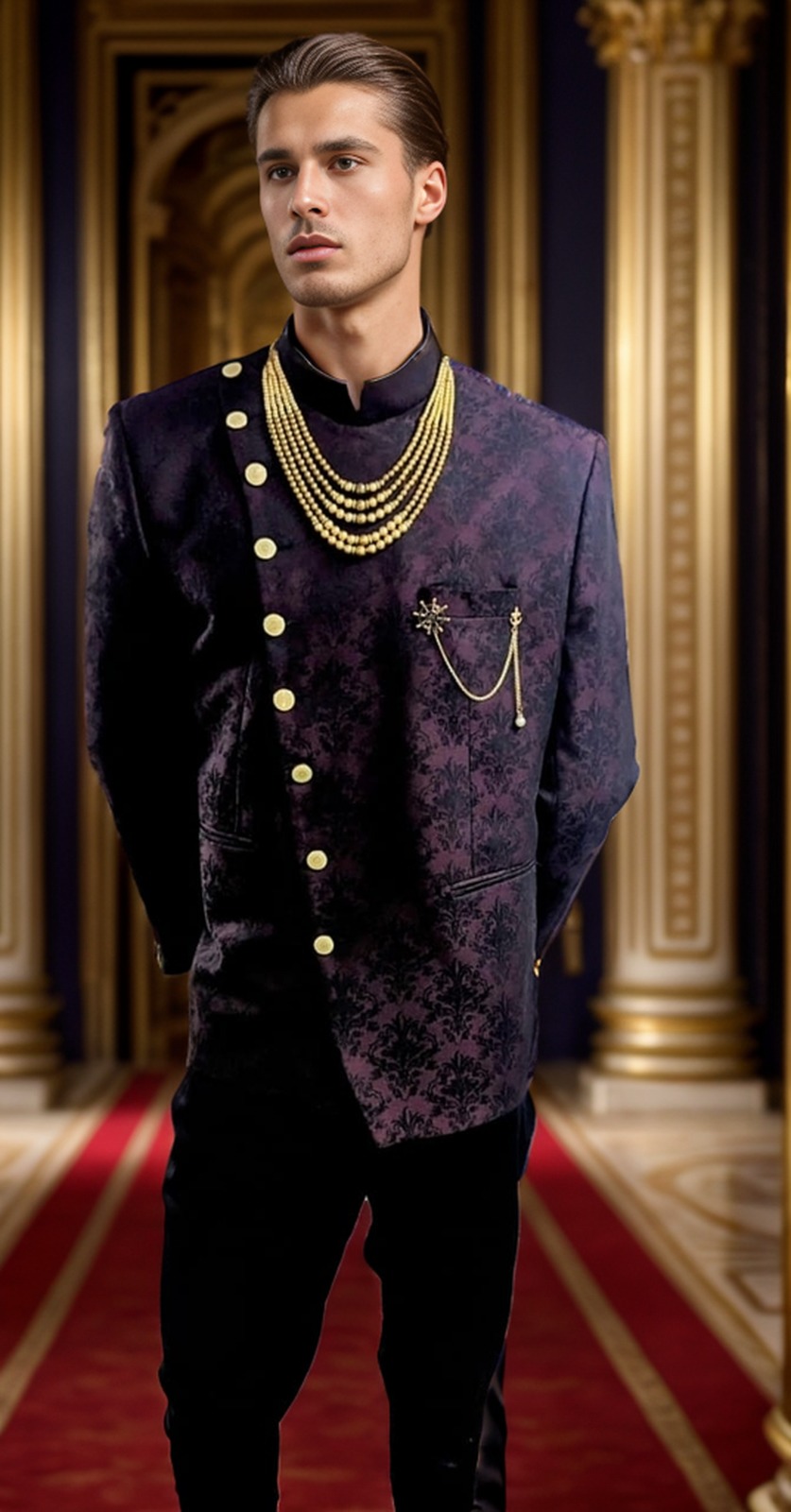 Black-Wine Floral Bandhgala with Black Trousers – Rent Men’s Ethnic & Formal Wear in Bangalore & Hyderabad