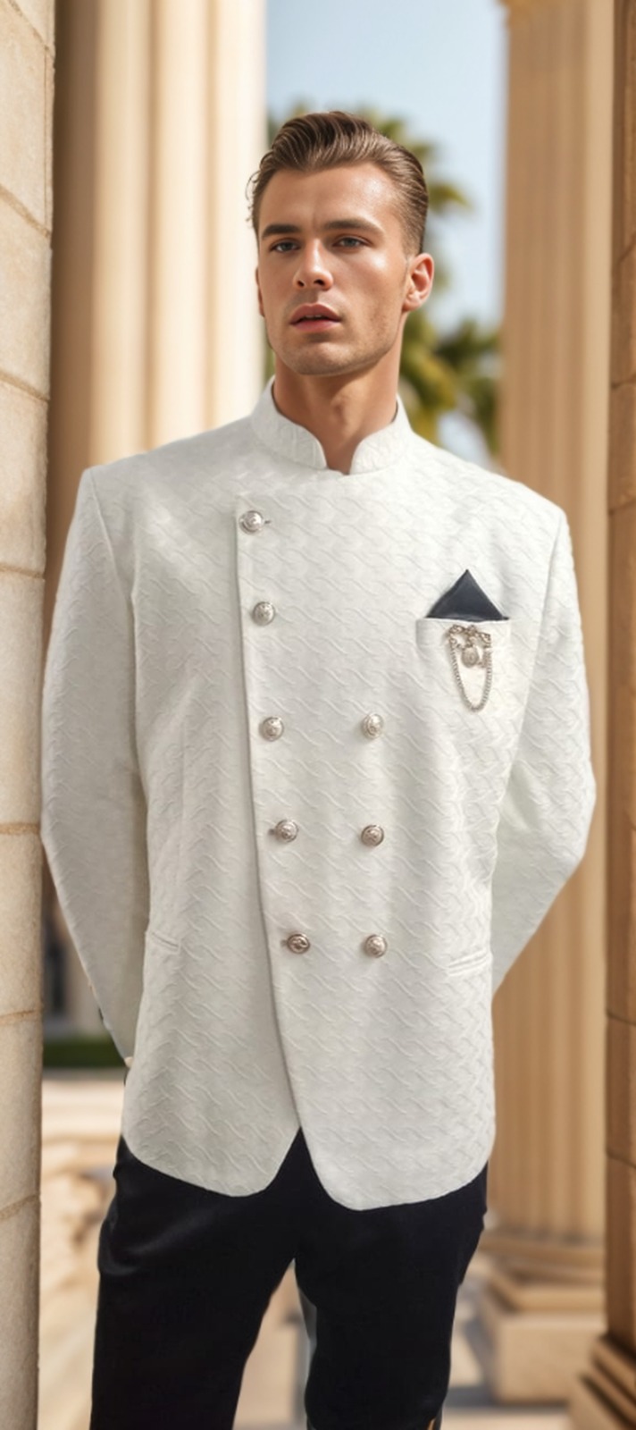 White Bandhgala with Black Trousers for Men – Rent Wedding & Formal Wear in Bangalore & Hyderabad