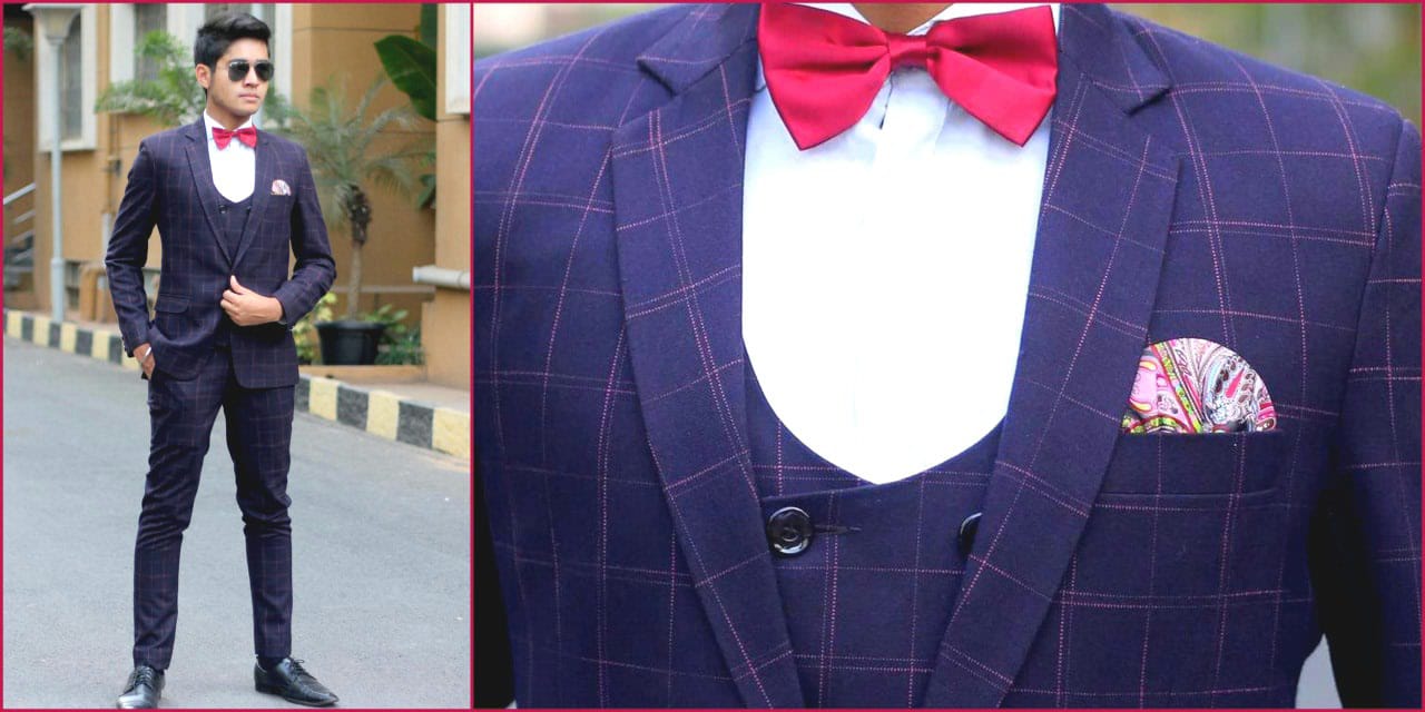Plum Check Navy Blue 3-Piece Suit with White Tuxedo Shirt & Bow for Rent | Pre-Wedding & Formal Wear – Bangalore & Hyderabad