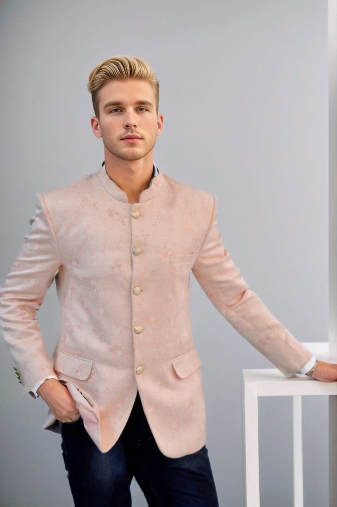 Baby Pink Bandhgala with Black Pants for Rent | Pre-Wedding & Formal Wear – Bangalore & Hyderabad
