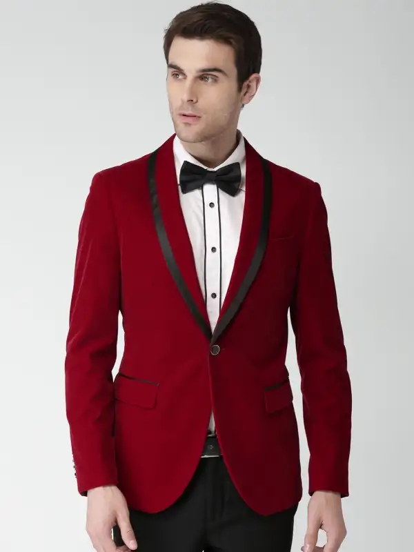 Maroon Velvet Blazer with Black Lapel & White Shirt for Rent | Pre-Wedding & Formal Wear – Bangalore & Hyderabad
