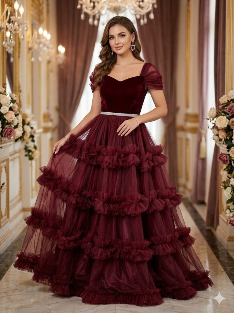 Velvet Ruffle Gown Maroon Velvet Ruffle Gown - The Dress Bank