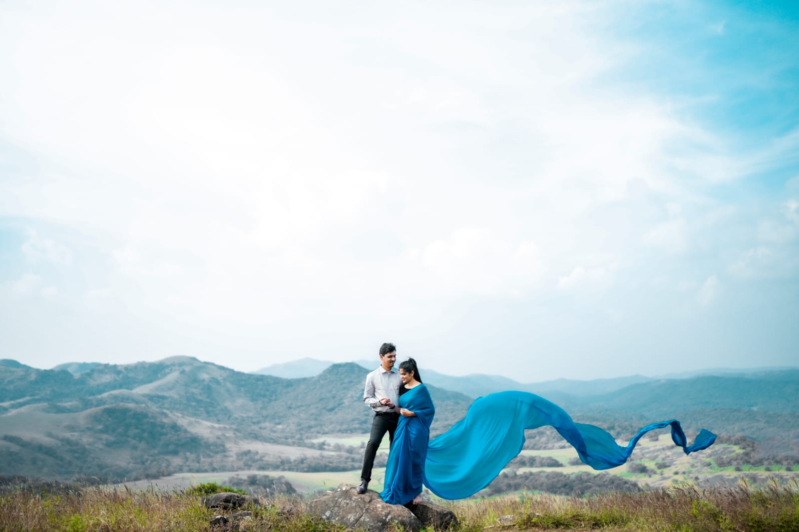 Sky Blue Long Infinity Saree for Rent | Pre-Wedding, Maternity & Occasion Wear - Bangalore & Hyderabad