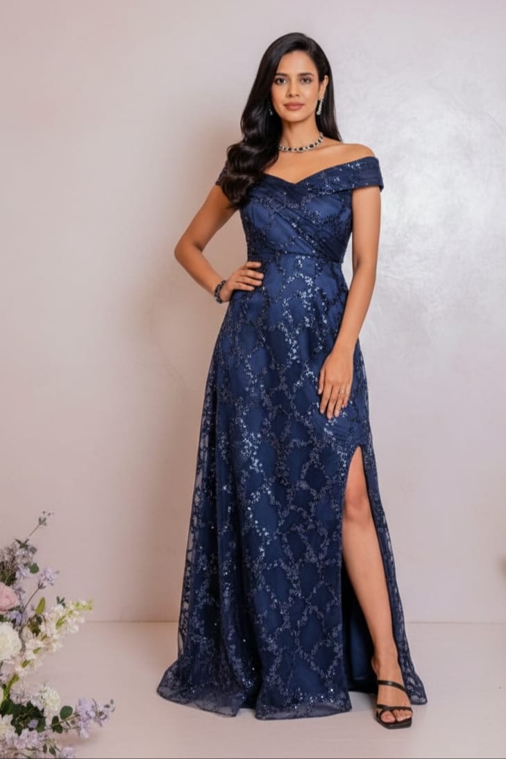 Navy Blue Sequence Slit Gown Wwwthedressbankcom
